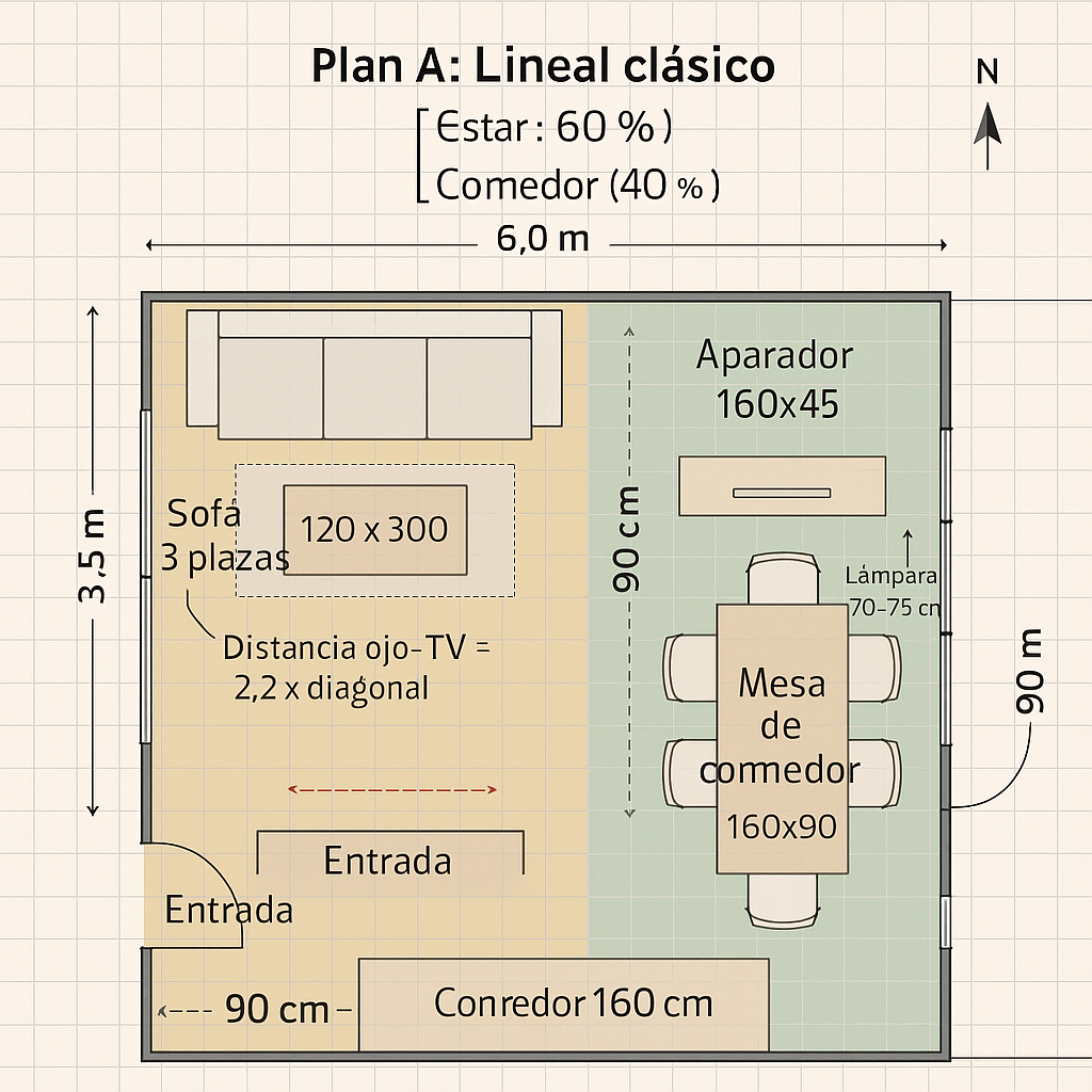 Cómo distribuir un salón comedor rectangular: 7 planos tipo, medidas y trucos de luz